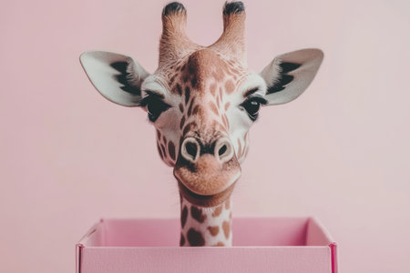 Giraffe face emerging from a pink box against a soft pink background.の素材