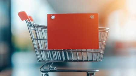 Shopping cart with a blank red sign, blurred background, perfect for marketing use.の素材