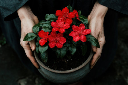 A person gently holds a potted plant filled with vibrant red flowers.の素材