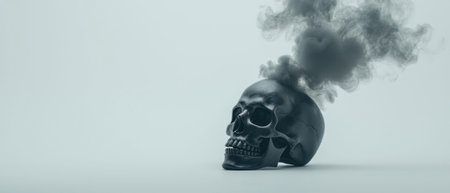 A striking skull with smoke rising, symbolizing mortality and existential themes.の素材