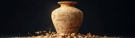 An ancient pottery vase surrounded by fragments, showcasing historical craftsmanship.の素材