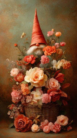 Charming gnome surrounded by vibrant roses and delicate flowers in a vintage setting.の素材