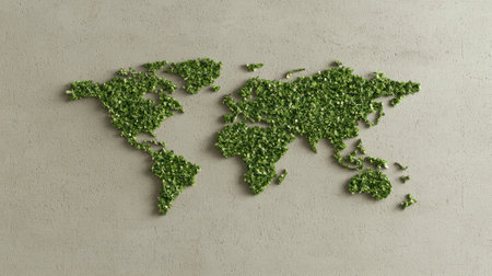 A green world map made from vibrant leaves representing environmental awareness.の素材