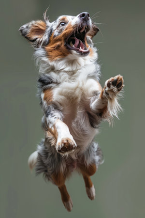 A joyful dog leaps into the air, showcasing its playful spirit and energy against a blurred background.の素材