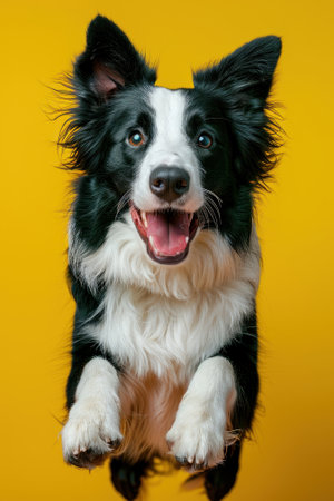 A playful border collie joyfully jumping against a vibrant yellow background, showcasing its energetic spirit and happy demeanor.の素材