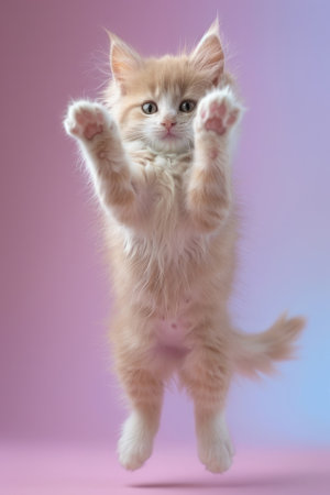 A playful kitten leaping joyfully in the air, showcasing its fluffy fur and playful spirit against a colorful background.の素材