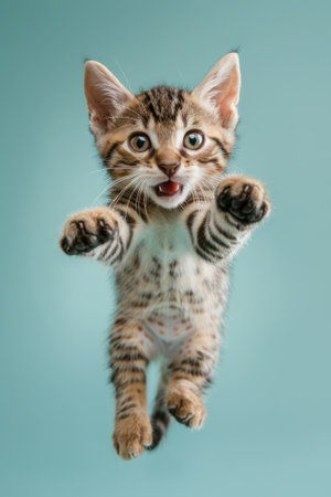 A playful kitten jumps excitedly, showcasing its youthful energy and curiosity against a vibrant blue background.の素材