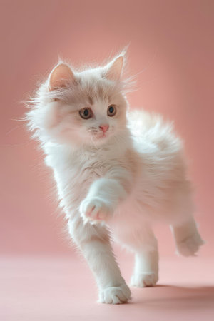 A playful kitten leaping joyfully in the air, showcasing its fluffy fur and playful spirit against a colorful background.の素材