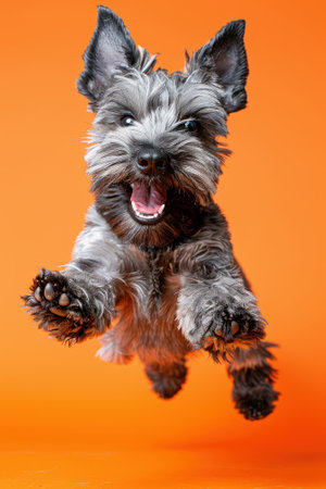 A playful dog joyfully jumps in mid-air against a vibrant orange background, capturing the essence of fun and energy.の素材