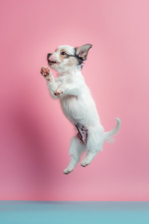 A playful small dog leaps joyfully against a vibrant pink background, showcasing its energetic spirit and cute features.の素材