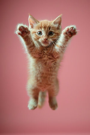 A playful orange kitten jumps joyfully amidst floating treats in a soft pastel background.の素材