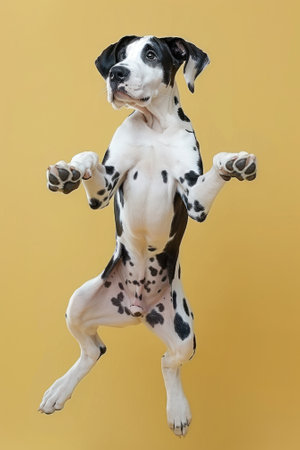 A playful dog jumping against a vibrant yellow background, showcasing its joyful spirit and energetic personality.の素材