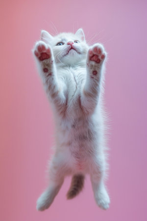 A playful white kitten captured mid-air against a soft pink background, exuding joy and curiosity.の素材