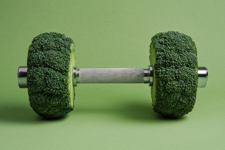 A unique dumbbell designed to resemble broccoli on a green background.の素材