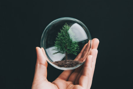 A hand holding a glass globe with a small tree, symbolizing environmental care.の素材