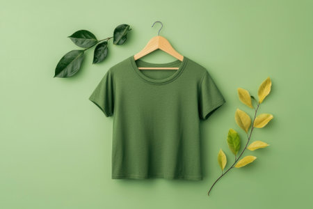 A green t-shirt hanging on a hanger surrounded by vibrant green leaves.の素材