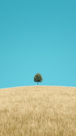 A solitary tree stands on a golden field beneath a clear blue sky, symbolizing tranquility.の素材