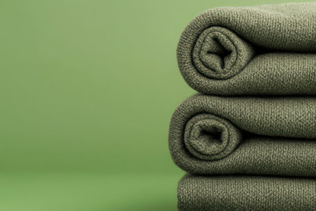 Soft, rolled green towels stacked against a smooth green background for a calming effect.の素材