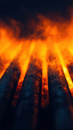 Close-up view of glowing pipes emitting intense heat and fire in industrial setting.の素材