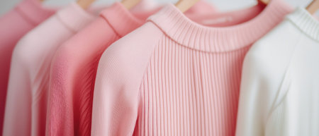 Stylish collection of pastel-colored sweaters hanging on a rack, perfect for cozy fashion.の素材