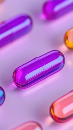 Vibrant capsules in various colors arranged neatly on a surface for medicinal use.の素材