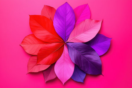 Colorful leaves arranged in a beautiful floral pattern on a pink background.の素材