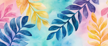 Vibrant watercolor illustration of tropical leaves in various hues and textures.の素材