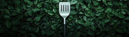 A stainless steel spatula against a backdrop of lush green leaves.の素材