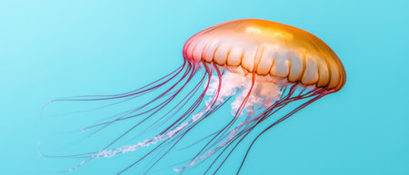 A vibrant orange jellyfish gracefully swimming in clear, blue waters.の素材
