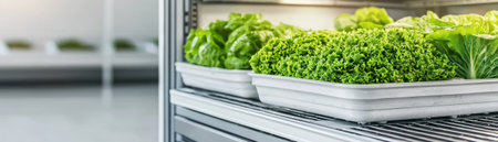 Fresh green vegetables displayed in a refrigerator for healthy meal preparation.の素材