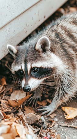 Close-up of a curious raccoon exploring fallen leaves in a natural environment.の素材