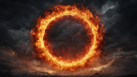 A dramatic fiery circle illuminating a dark, cloudy sky, symbolizing power and intensity.の素材