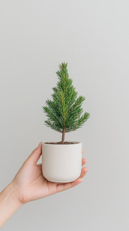 A hand holding a small green pine tree in a white pot against a neutral background.の素材