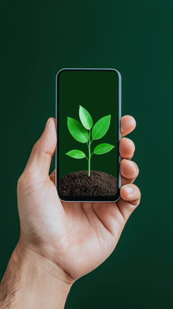 Hand holding smartphone displaying a growing plant symbolizing growth and sustainability.の素材
