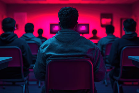 Individuals engaged in a tech workshop with vibrant lighting and focused atmosphere.の素材