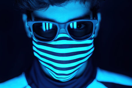 A stylish person wearing sunglasses and a striped mask in a vibrant light setting.の素材