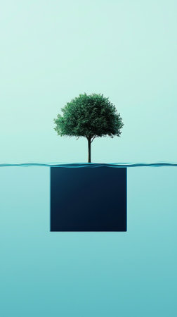 A solitary tree emerges from a cube submerged in tranquil water, embodying resilience.の素材