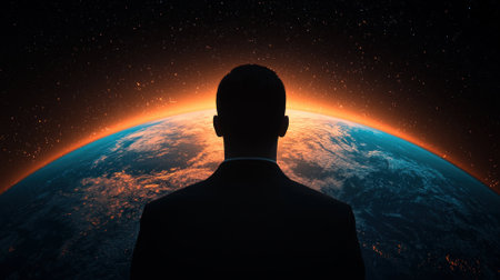 A silhouette of a person against a cosmic horizon representing introspection and possibility.の素材