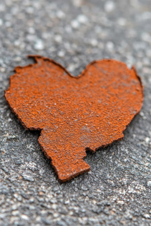 Rusty heart shape found on pavement, symbolizing love and resilience in urban environments.の素材