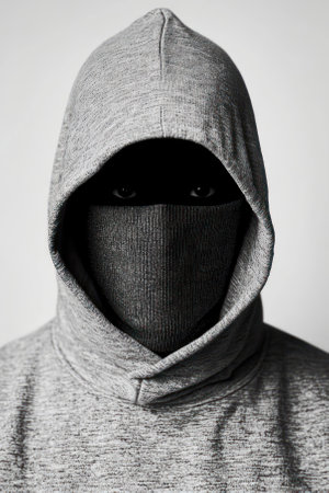 Mysterious figure in a hoodie, embodying anonymity and intrigue.の素材