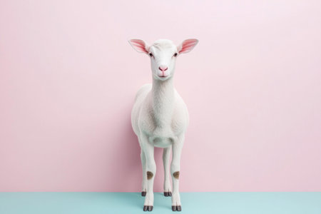 A cute white goat standing against a pastel pink background.の素材
