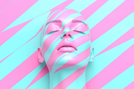 A colorful artistic representation of a serene face with abstract patterns.の素材