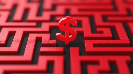 A red maze with a dollar symbol representing financial challenges and solutions.の素材