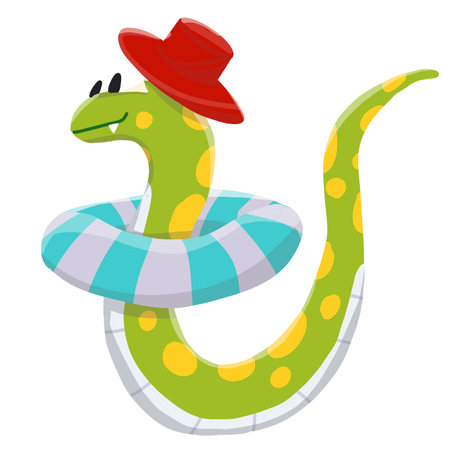 A cheerful cartoon snake enjoys a summer day floating in a pool with a lifebuoy.の写真素材