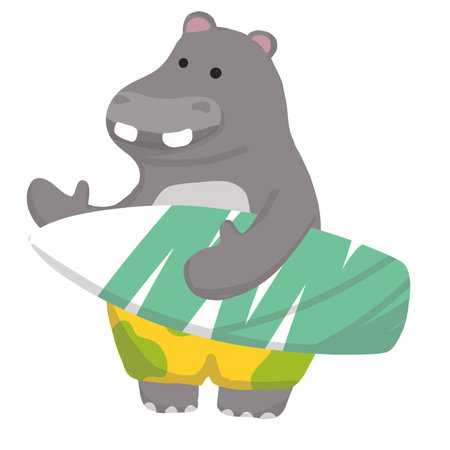 Surfing hippo character beach scene digital art whimsical fun cartoon styleの写真素材