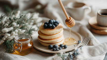 A tempting stack of wholegrain pancakes topped with blueberries and honey perfect for breakfast.の素材