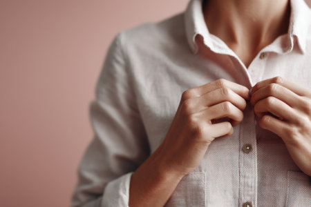 Close-up of a man's hands unbuttoning a textured linen shirt, showcasing fine fabric details, wristwatch, and casual fashion. The soft background and muted tones create a calm and modern atmosphere, suitable for lifestyle, fashion, and product themes.の素材