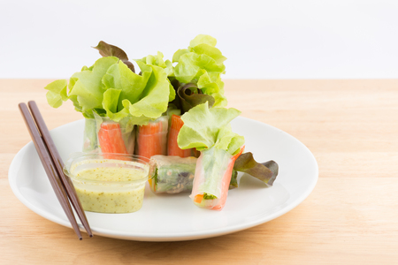 Crab Salad Roll on woodの写真素材