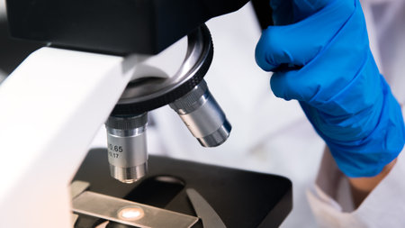 Close-up view of scientific microscopic data analysis in laboratory. Scientists research and develop...