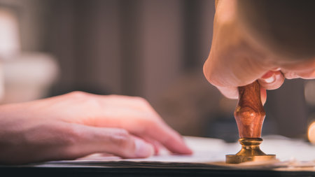 close-up of person stamping documents to approve agreements,の写真素材